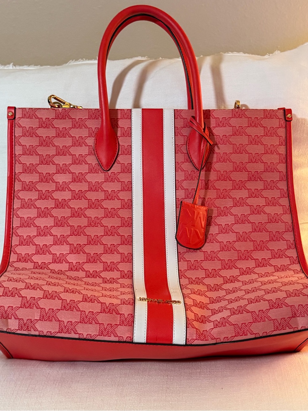 Michael Kors Pink and White Signature Stripe Tote